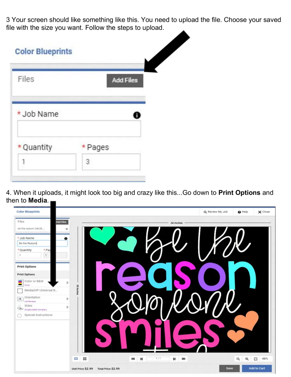 Uploading the poster file: Add Files to the Color Blueprints job, then open Print Options and Media to fix sizing