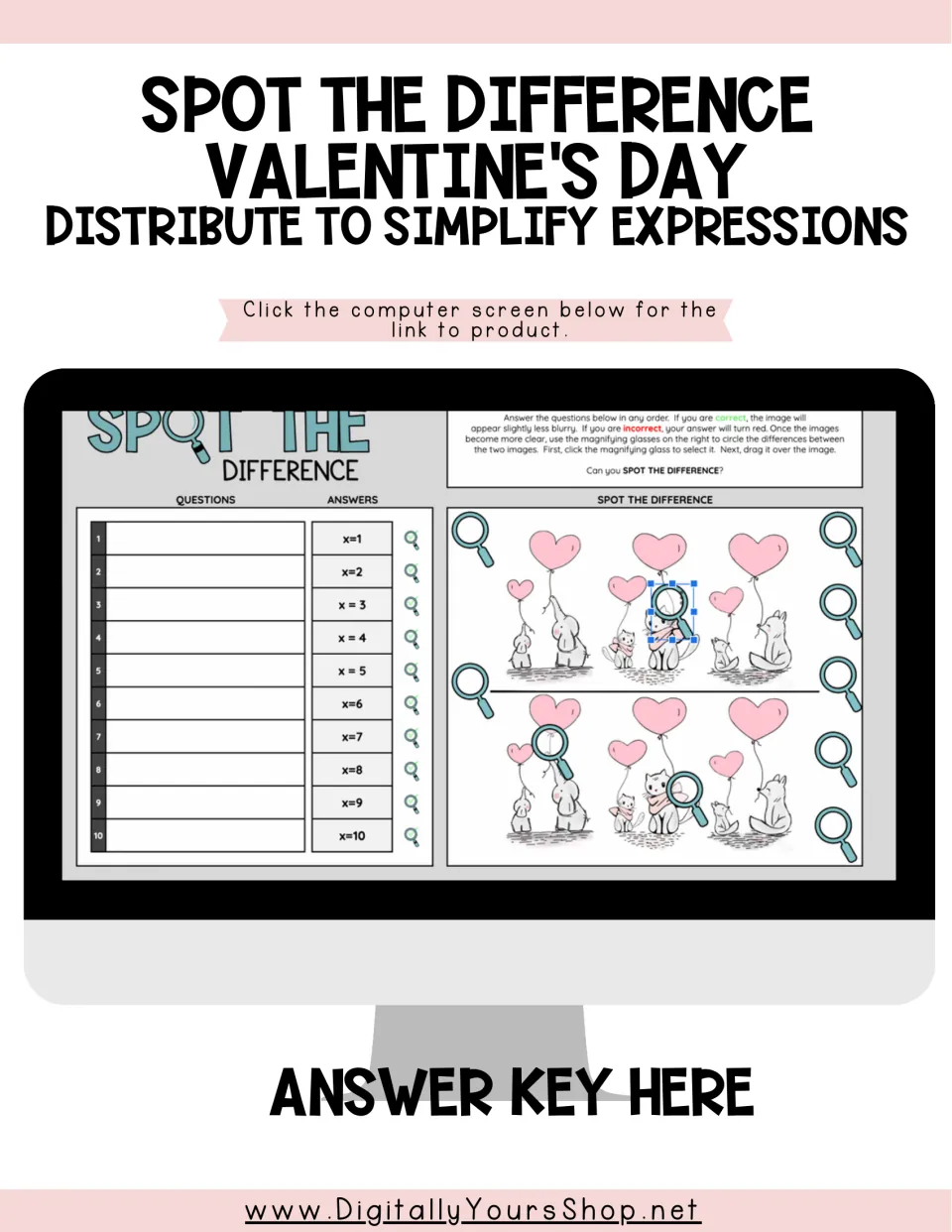 Activity access page for Valentine's Day expression practice, with a digital puzzle preview and answer key link.