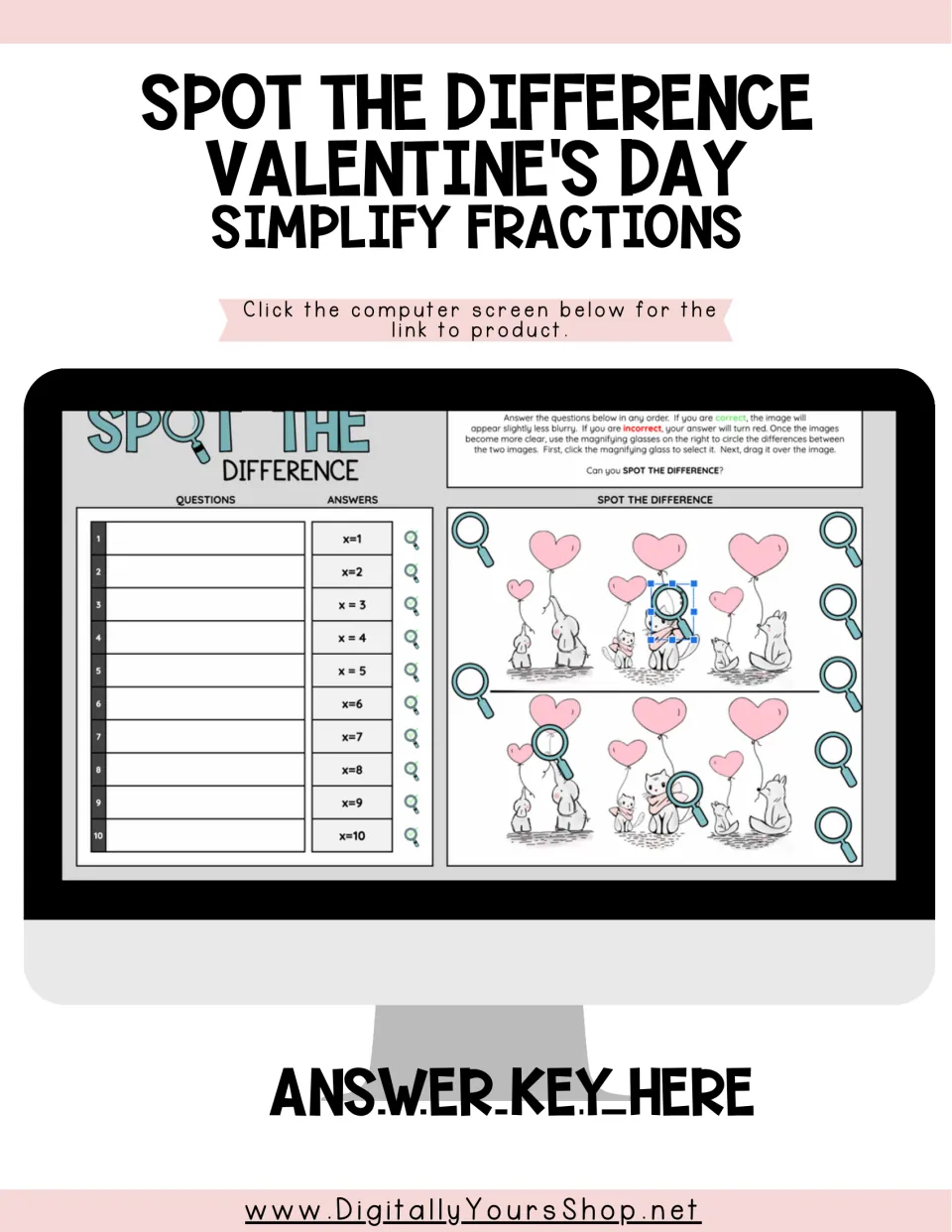 Spot the Difference Valentine's Day cover: students simplify fractions to unblur heart-balloon pictures and spot changes