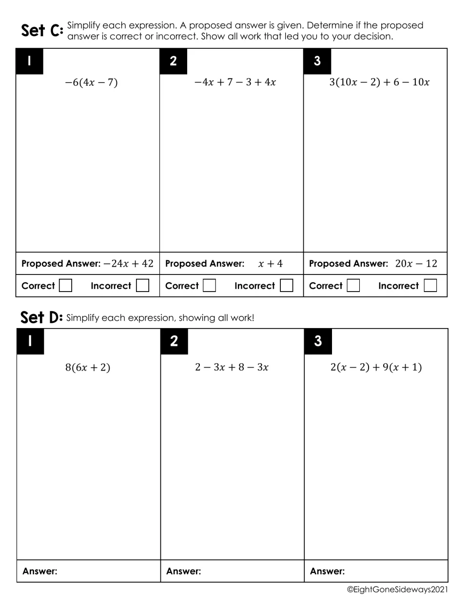 Sets C and D: students judge proposed answers correct or incorrect, then simplify expressions like 8(6x + 2) showing work