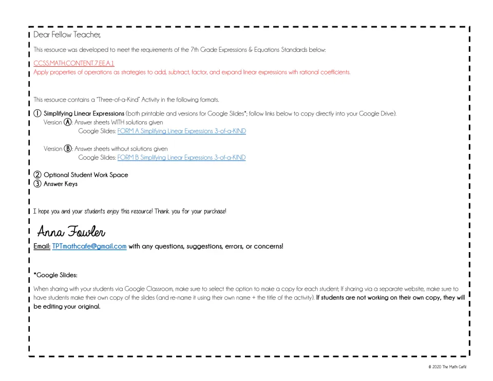 Teacher note listing contents: printable and Google Slides versions A and B, a student work space and answer keys