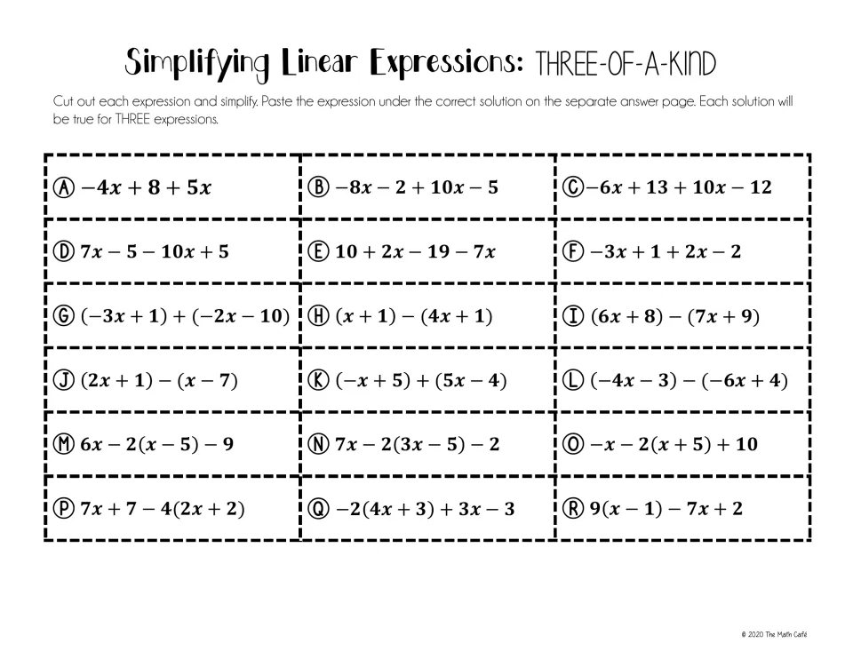 Three-of-a-kind cut-out cards: students simplify 18 linear expressions, A to R, combining like terms and distributing