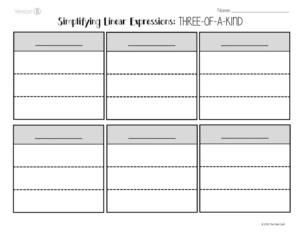 Version B answer page: students fill in six blank solutions and paste the three matching expressions under each
