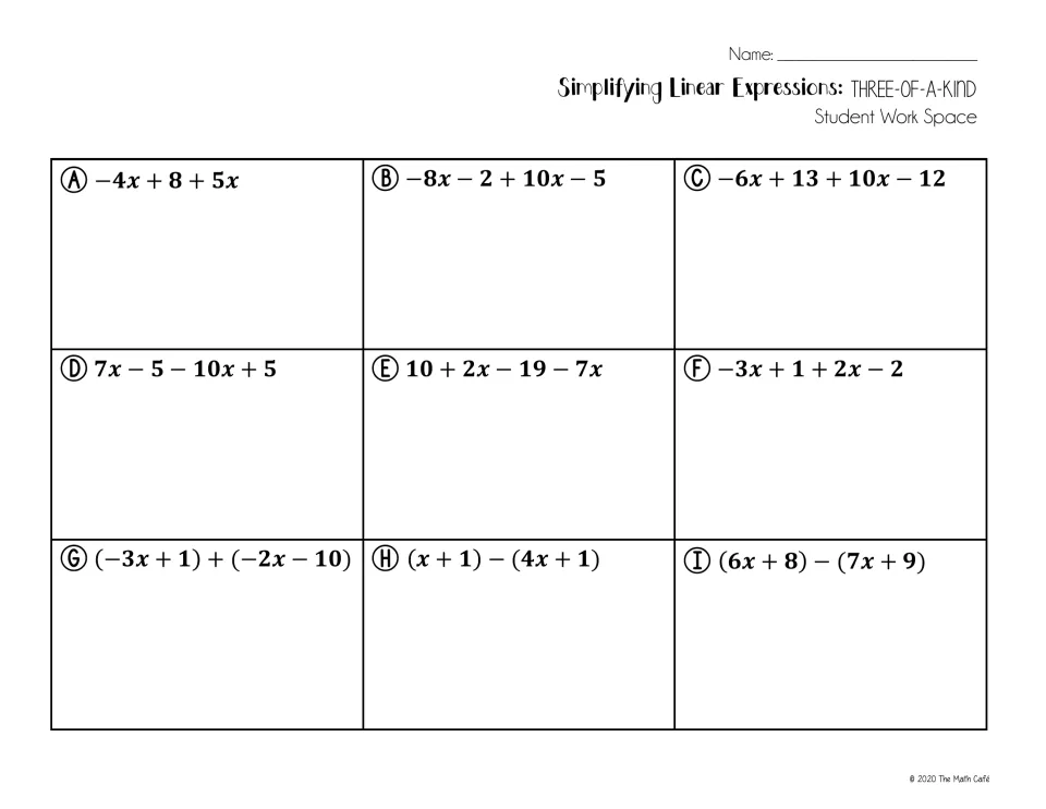 Student work space for expressions A to I, such as -4x + 8 + 5x and (6x + 8) - (7x + 9), with room to show steps