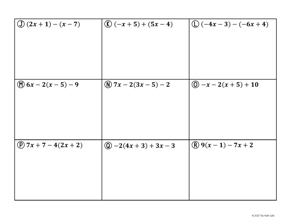 Work space for expressions J to R, such as 6x - 2(x - 5) - 9 and 9(x - 1) - 7x + 2, where students apply distribution