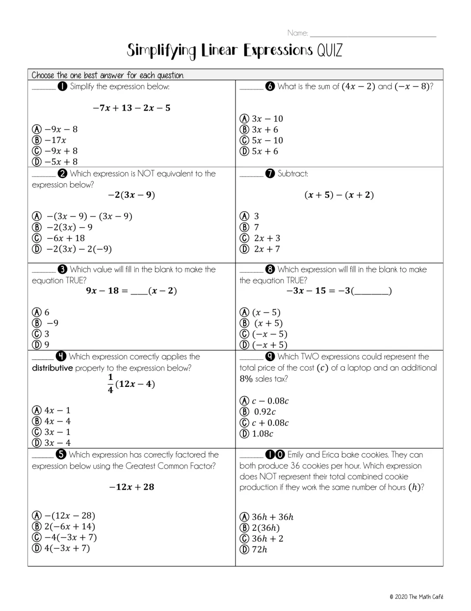 Linear expressions quiz: 10 multiple-choice items on combining like terms, distributing, factoring by GCF and word problems