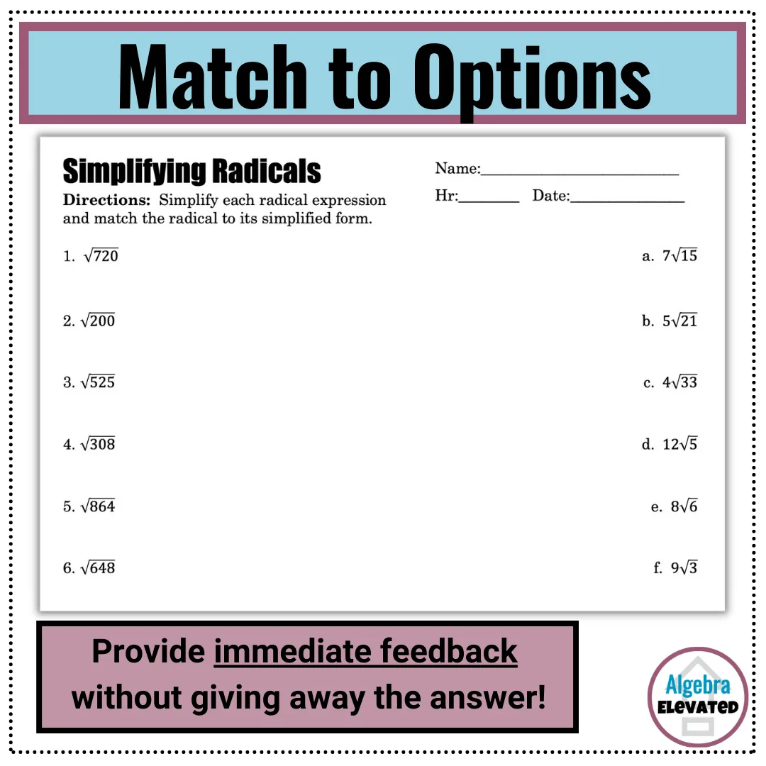 Simplifying Radicals Matching Worksheet with Answer Key – cover