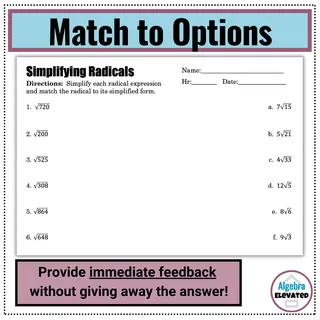 Simplifying Radicals Matching Worksheet with Answer Key – cover