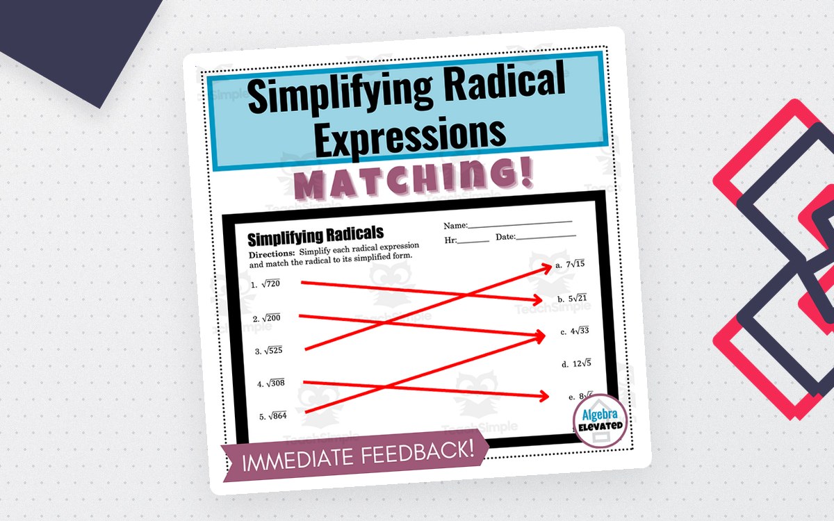 Simplifying Radicals Matching Worksheet teaching resource preview