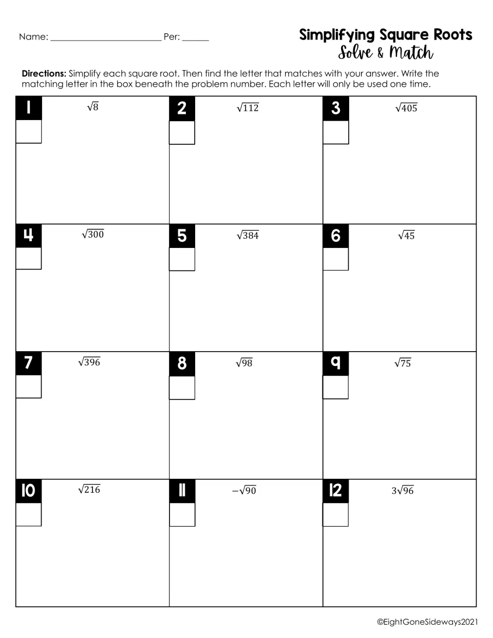 Simplifying square roots, problems 1-12: students simplify radicals like √8, √405 and 3√96, then write the matching letter