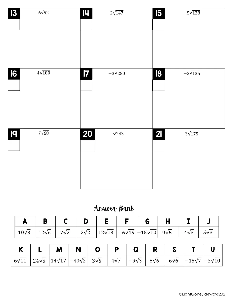 Simplifying radicals with coefficients, problems 13-21 like 6√52 and -5√128, plus an A-U answer bank to match letters