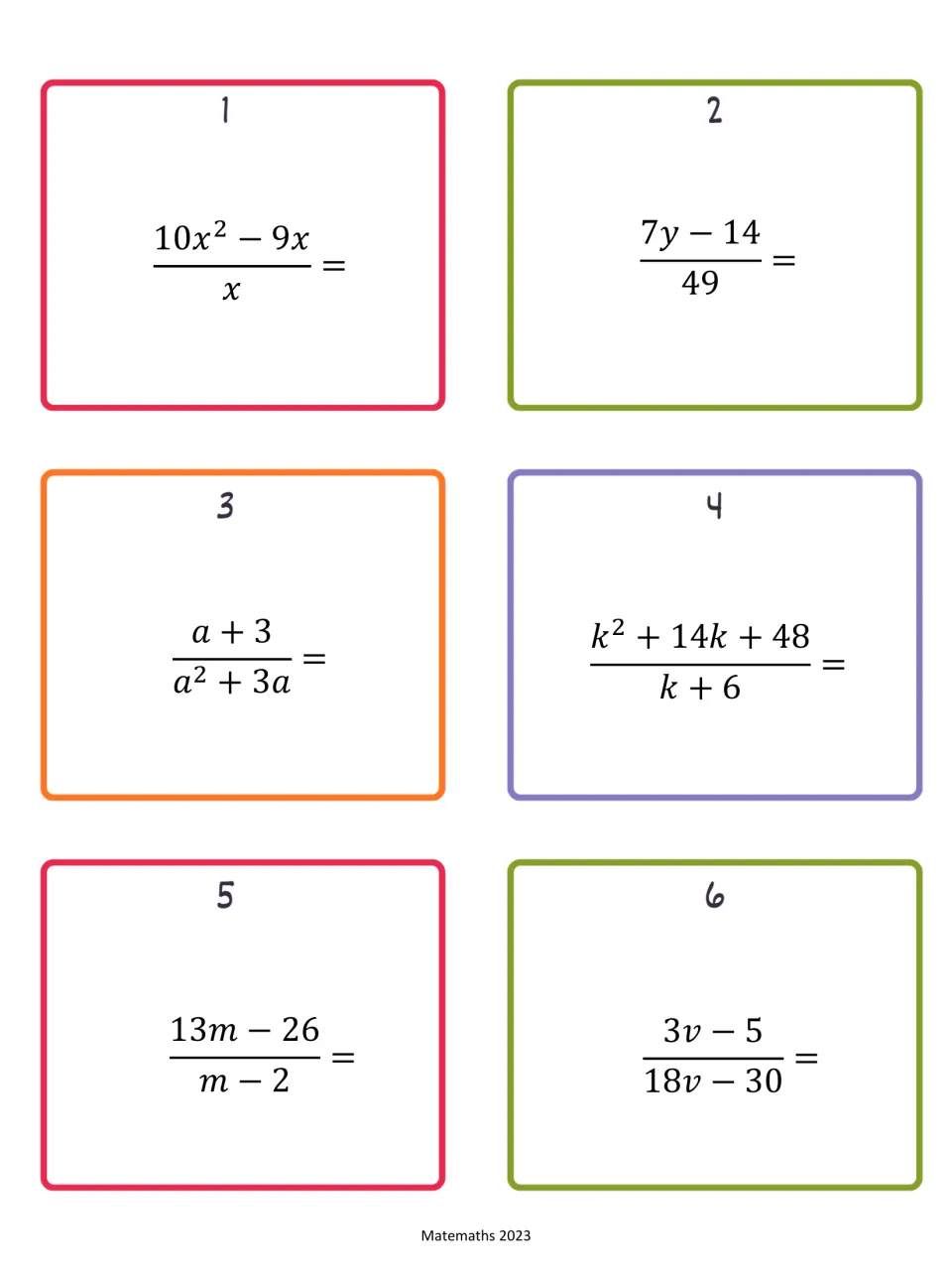 Rational-expression cards 1–6: simplify fractions including (10x² − 9x)/x and (k² + 14k + 48)/(k + 6)