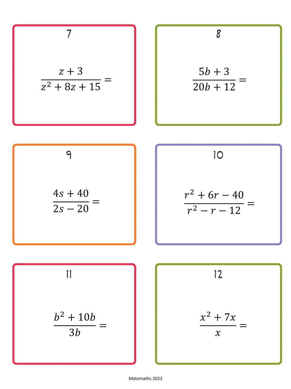 Rational-expression cards 7–12: simplify fractions including (z + 3)/(z² + 8z + 15) and (x² + 7x)/x