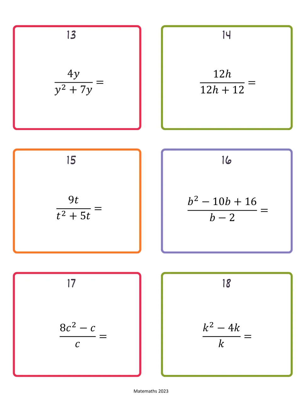 Rational-expression cards 13–18: simplify fractions including 4y/(y² + 7y) and (b² − 10b + 16)/(b − 2)