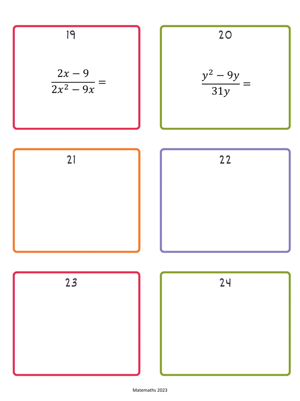 Rational-expression cards 19–20: (2x − 9)/(2x² − 9x) and (y² − 9y)/(31y); cards 21–24 are blank