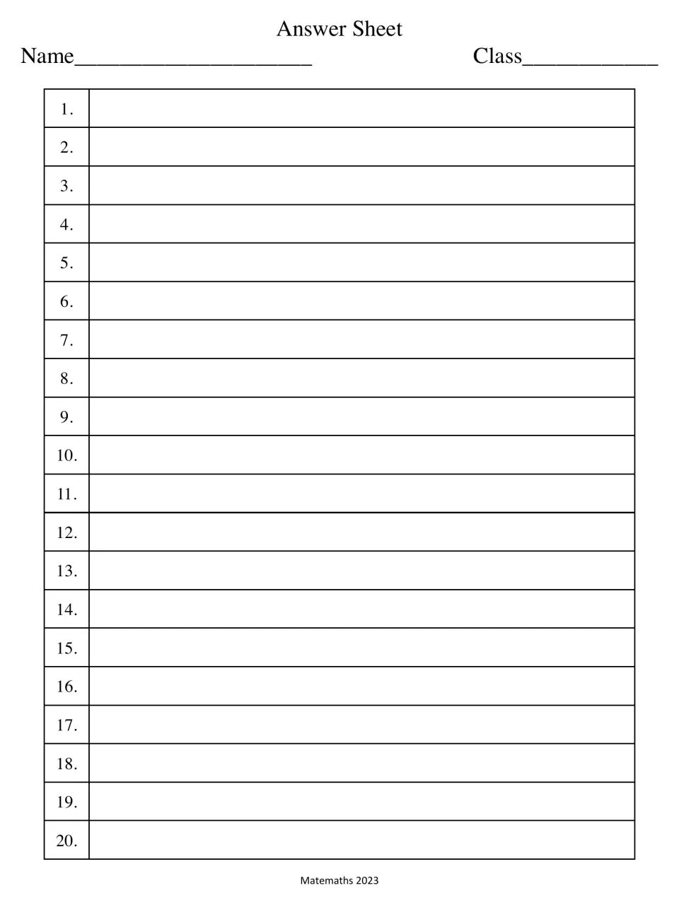 Student answer sheet for the 20 rational-expression problems, with Name and Class fields and spaces 1–20
