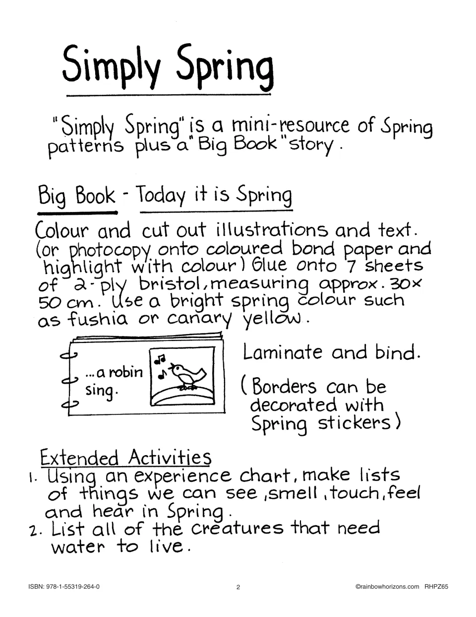 Teacher notes for making the 'Today it is Spring' Big Book on 7 bristol sheets, plus two extended activities