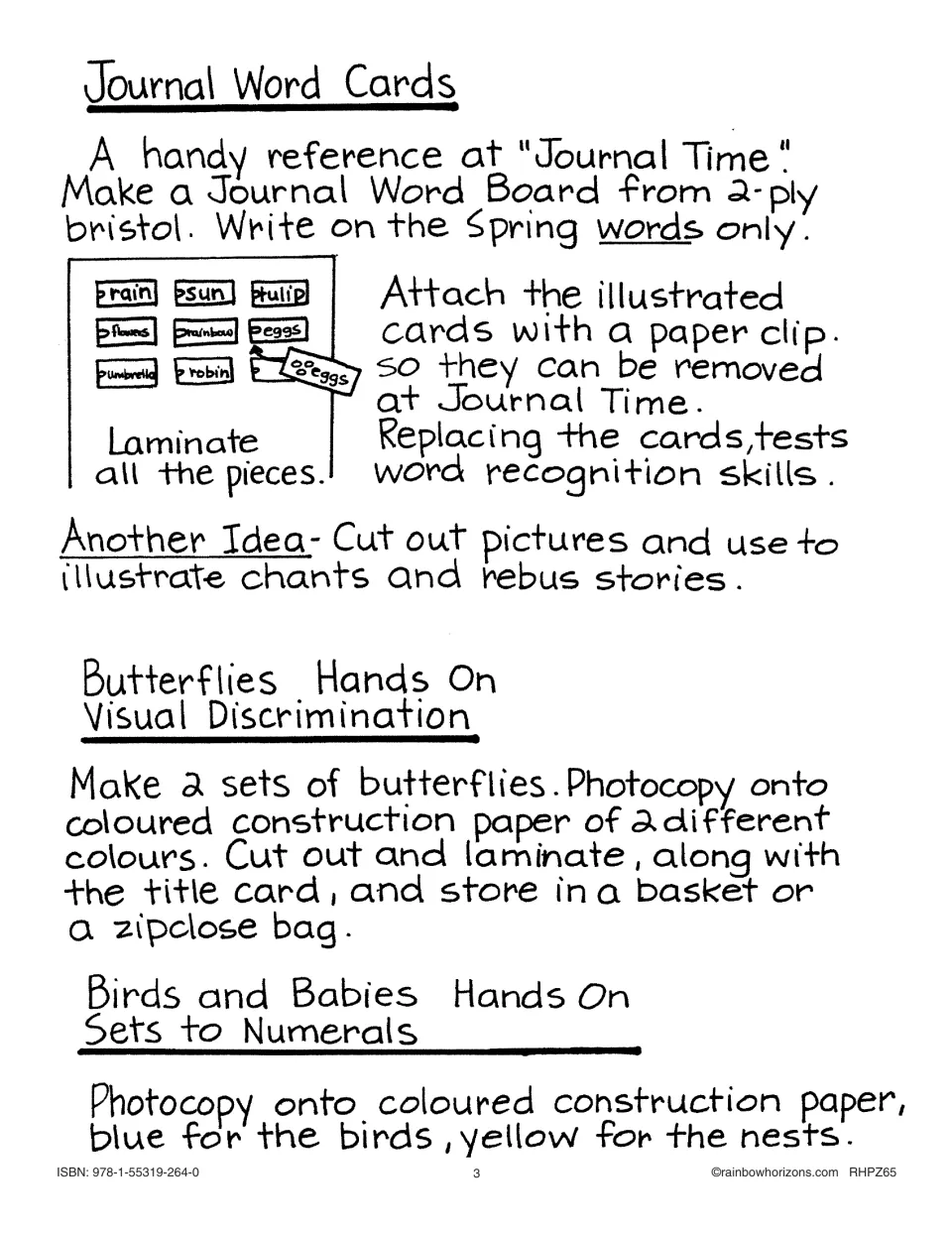 Directions for Journal Word Cards, the Butterflies visual discrimination set and Birds and Babies sets-to-numerals