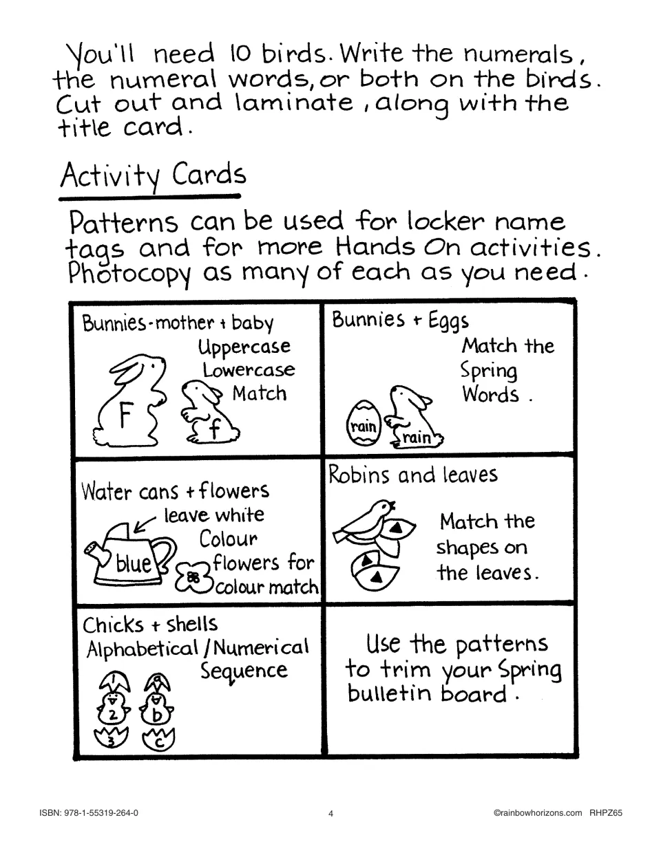Activity card ideas: bunny letter match, egg word match, robin leaf shapes, chick sequence, and more