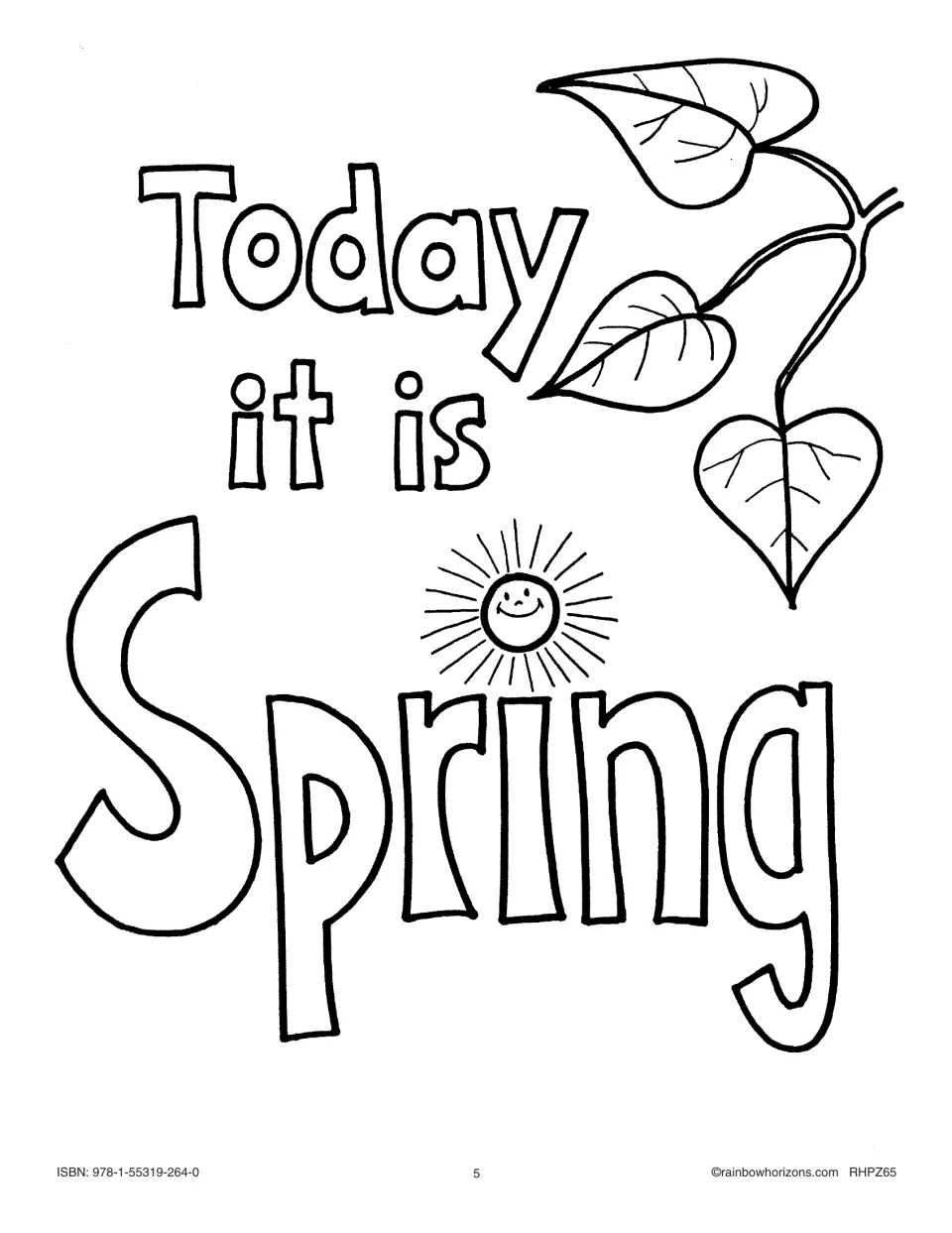 Big Book title page reading 'Today it is Spring' in outline letters with a smiling sun and leaves to color