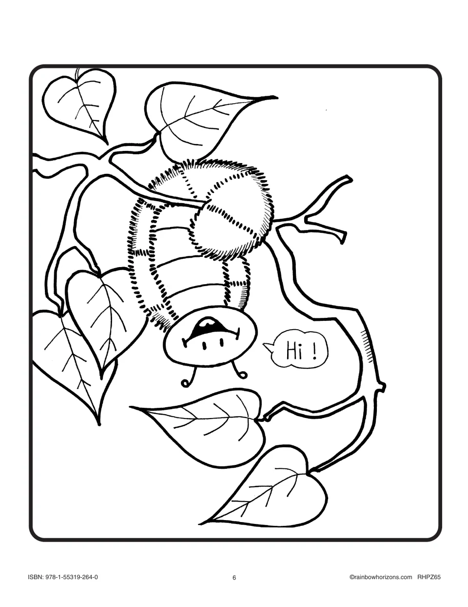 Big Book picture to color: a fuzzy caterpillar hanging from a leafy branch and saying 'Hi!'