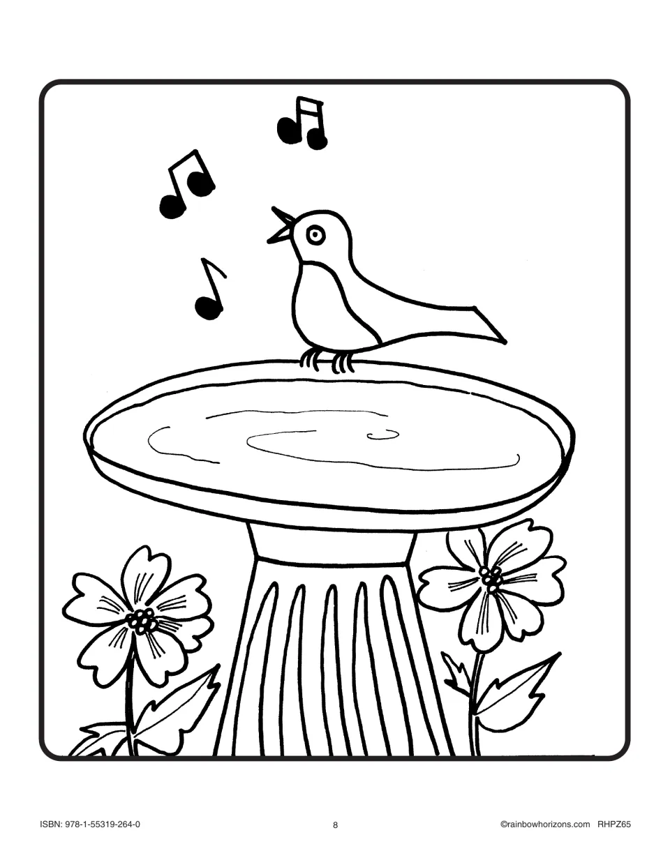 Big Book picture to color: a robin singing on a birdbath with flowers growing below