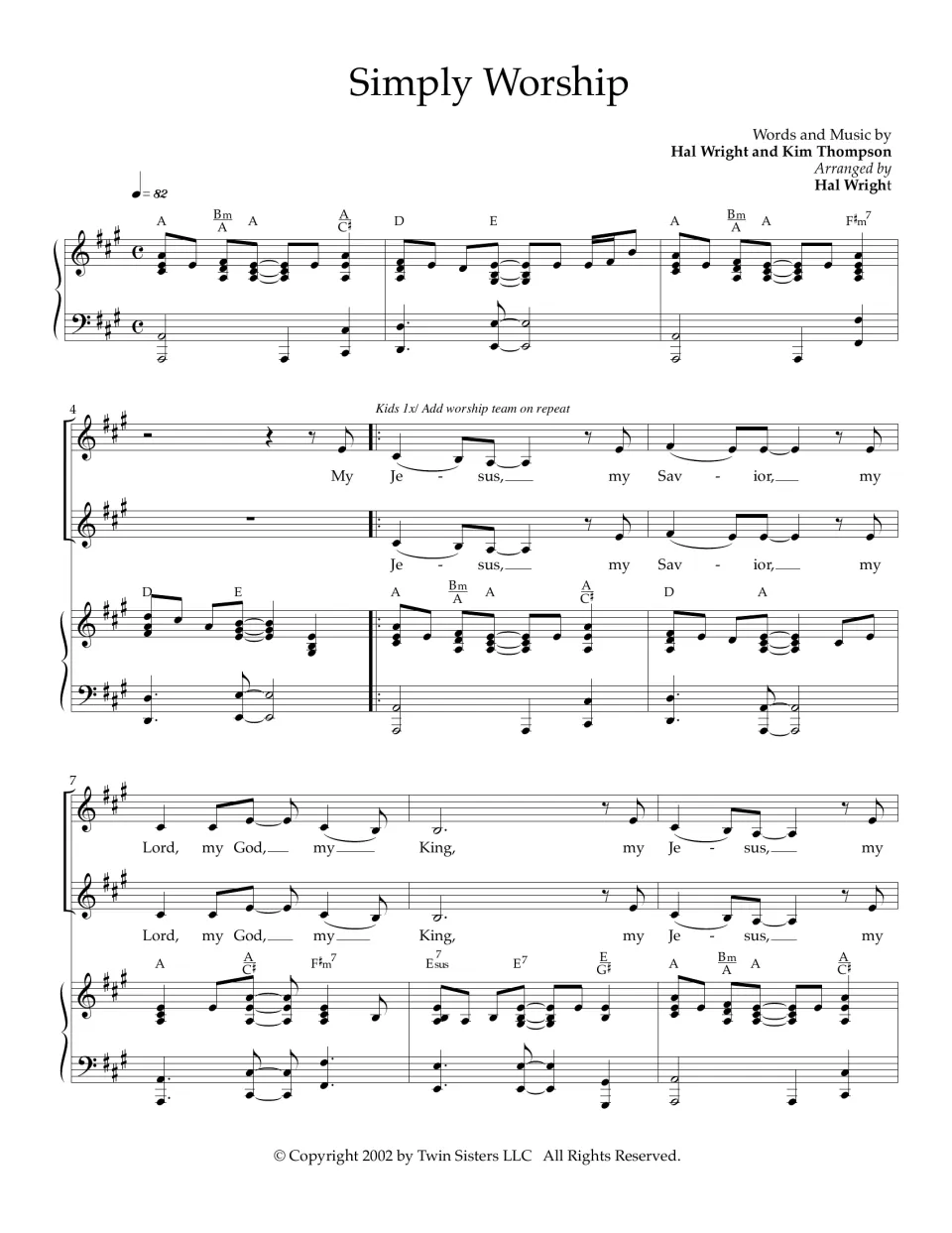 Simply Worship song, bars 1-9: two vocal lines sing "My Jesus, my Savior" in A major over piano with chord symbols