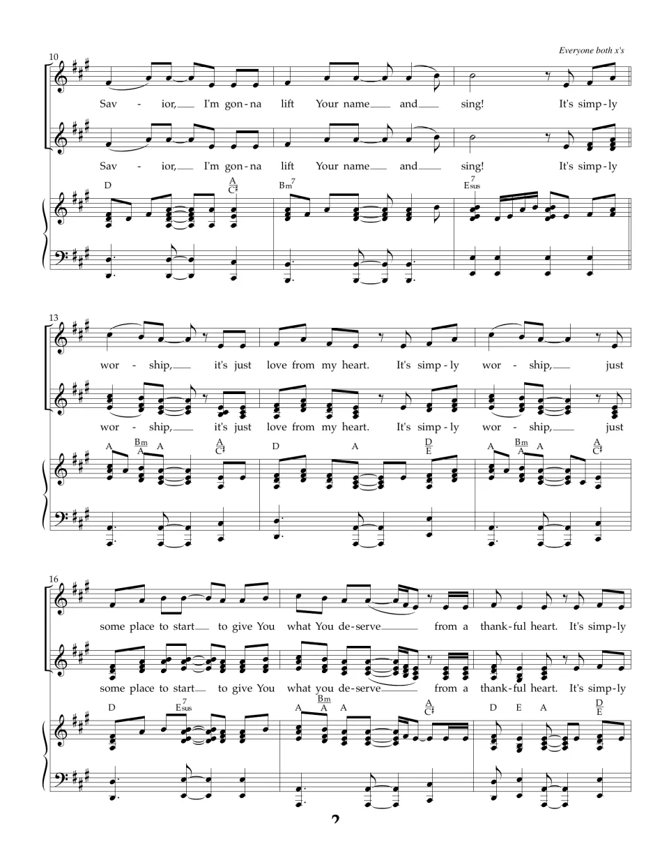 Chorus sheet music, bars 10-18: voices sing "It's simply worship, it's just love from my heart" with piano chords
