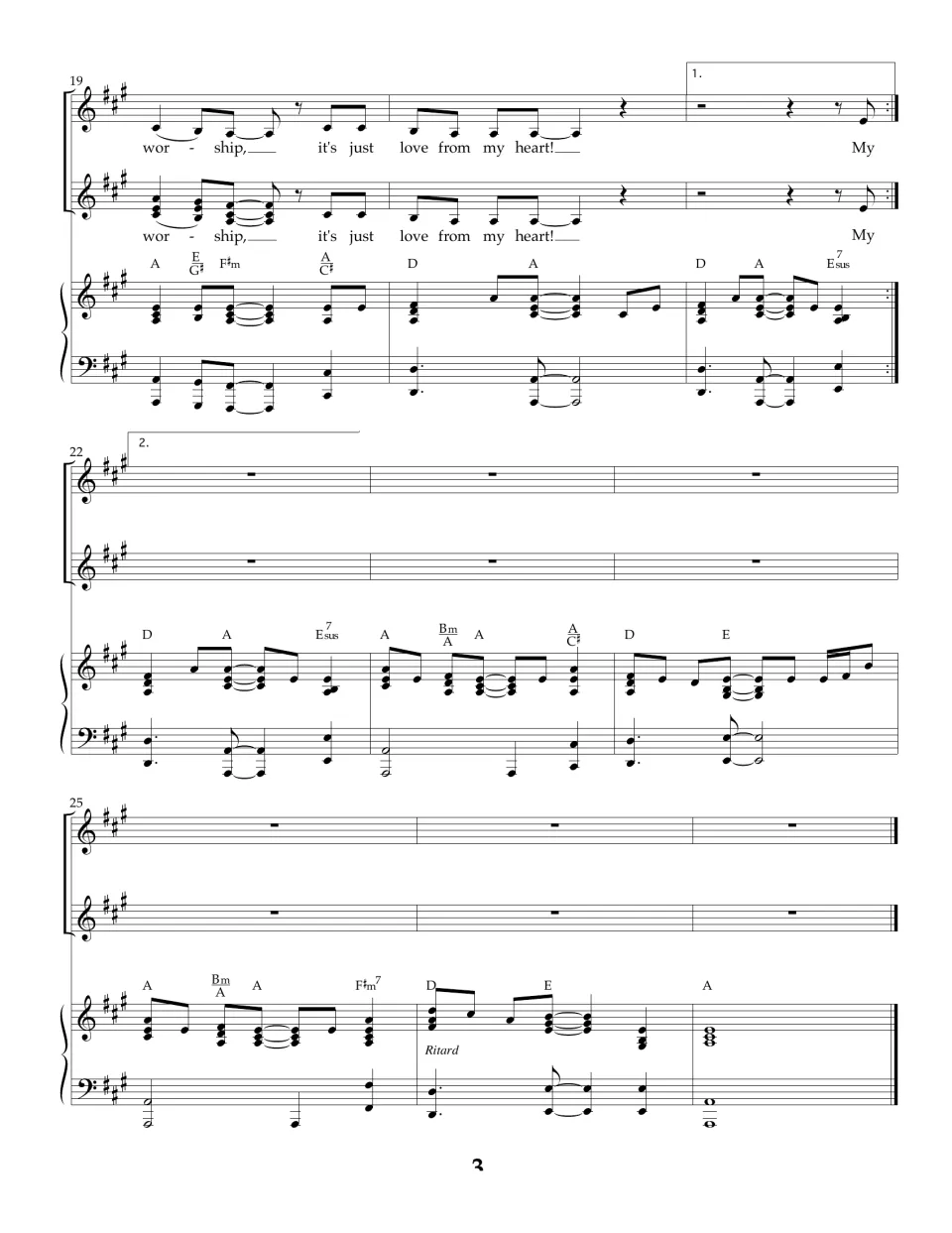 Song ending, bars 19-27: last chorus line, first and second endings, then a piano-only outro slowing to a final A chord