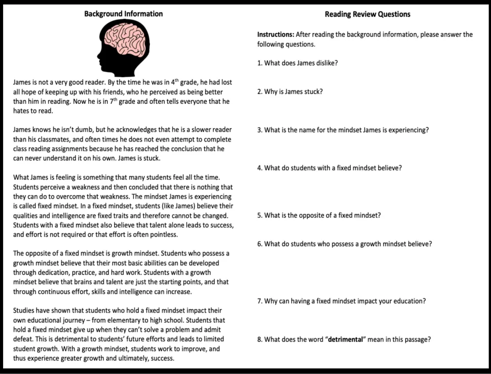 Fixed vs. growth mindset reading: students read about James, a 7th grader stuck in reading, then answer 8 review questions