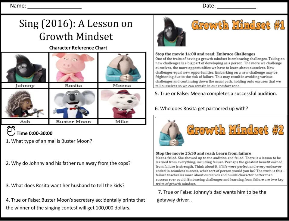 Sing movie questions for 0:00-30:00: character chart, questions 1-7 and growth mindset readings on challenges and failure