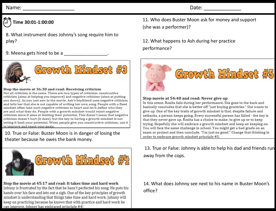 Movie questions 8-14 for 30:01-1:00:00 with growth mindset principles 3 to 5: criticism, hard work, never give up