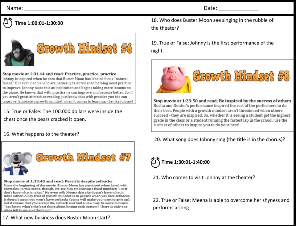 Movie questions 15-22 for 1:00:01-1:40:00 with growth mindset readings 6 to 8 on practice, setbacks and others' success