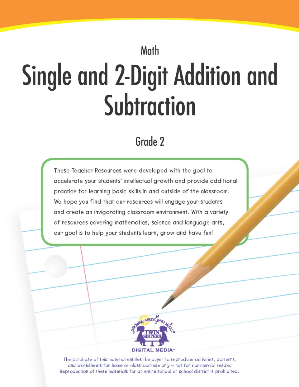 Cover of a Grade 2 math workbook on single and 2-digit addition and subtraction, shown with a pencil on lined paper