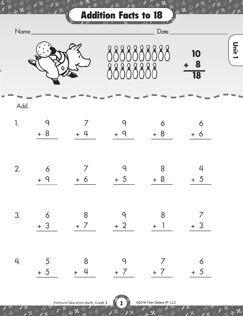 Addition facts to 18: students solve 20 vertical single-digit sums, modeled by 10 + 8 = 18 with bowling pins