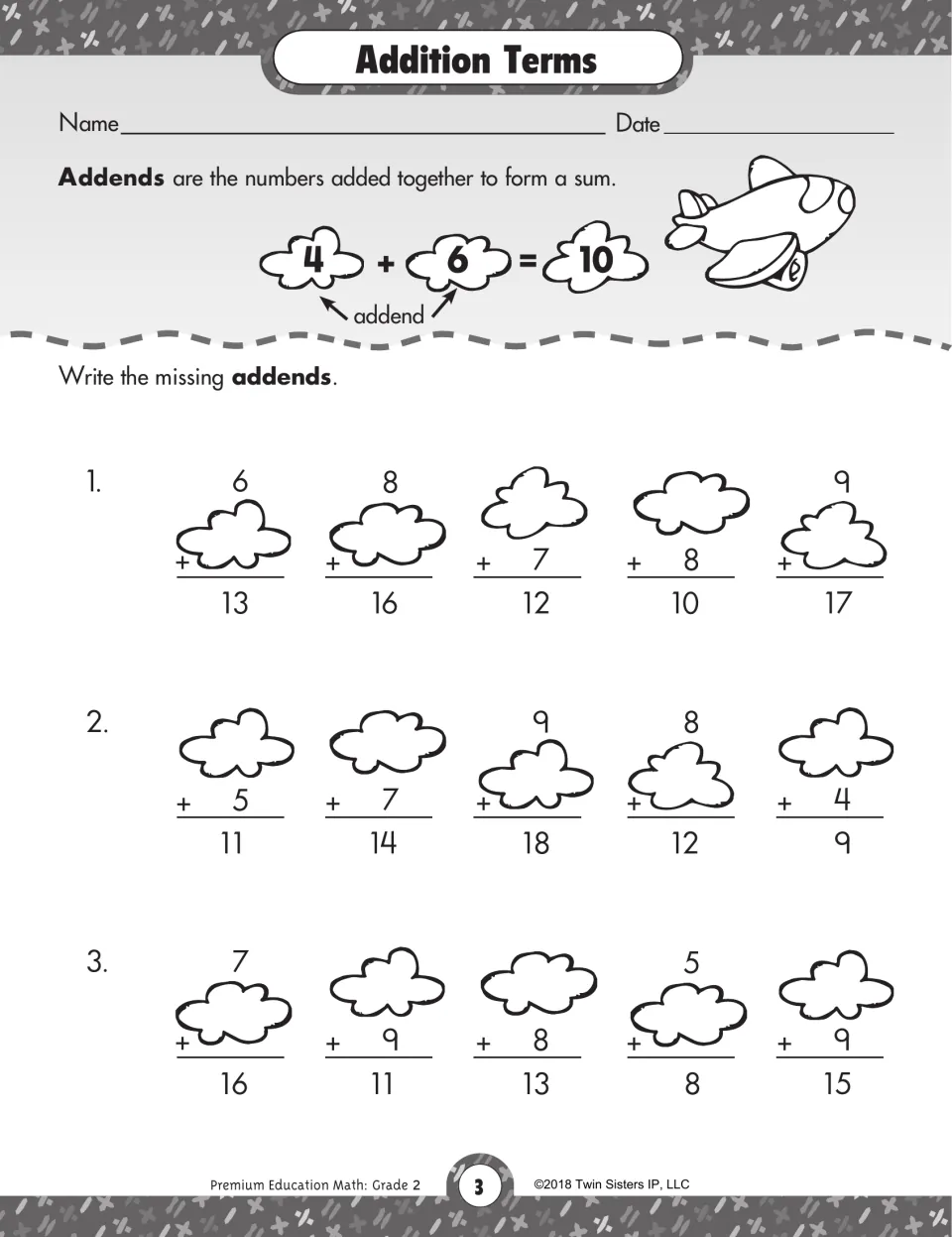 Addition terms: students learn that addends form a sum, then write the missing addend in 15 cloud problems