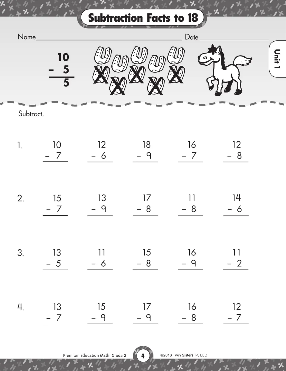 Subtraction facts to 18: students solve 20 vertical subtraction facts, modeled by 10 - 5 = 5 with crossed-out horseshoes