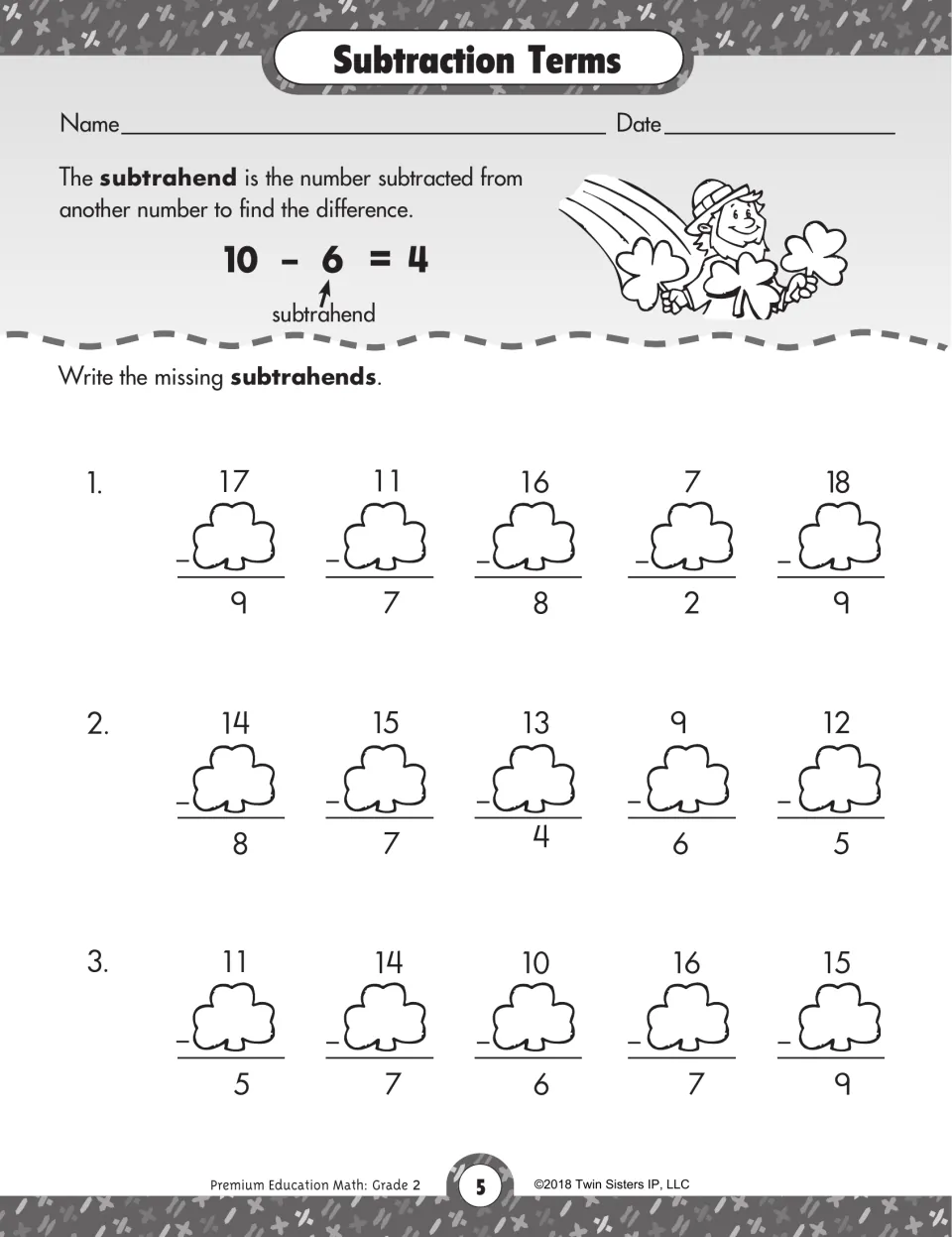Subtraction terms: students learn what a subtrahend is, then fill in the missing subtrahend in 15 shamrock problems