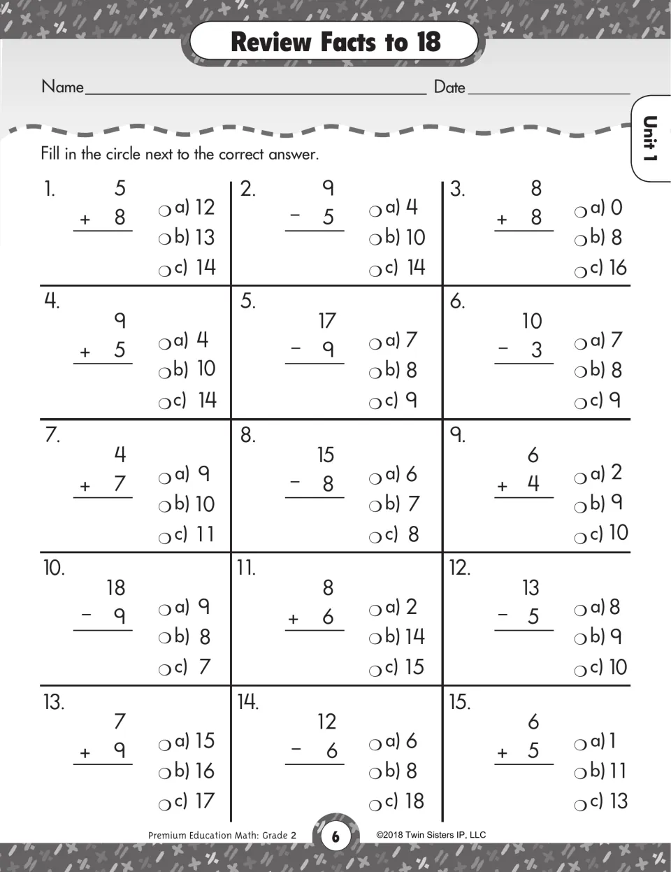 Review facts to 18: students fill in the circle beside the correct answer for 15 mixed addition and subtraction facts