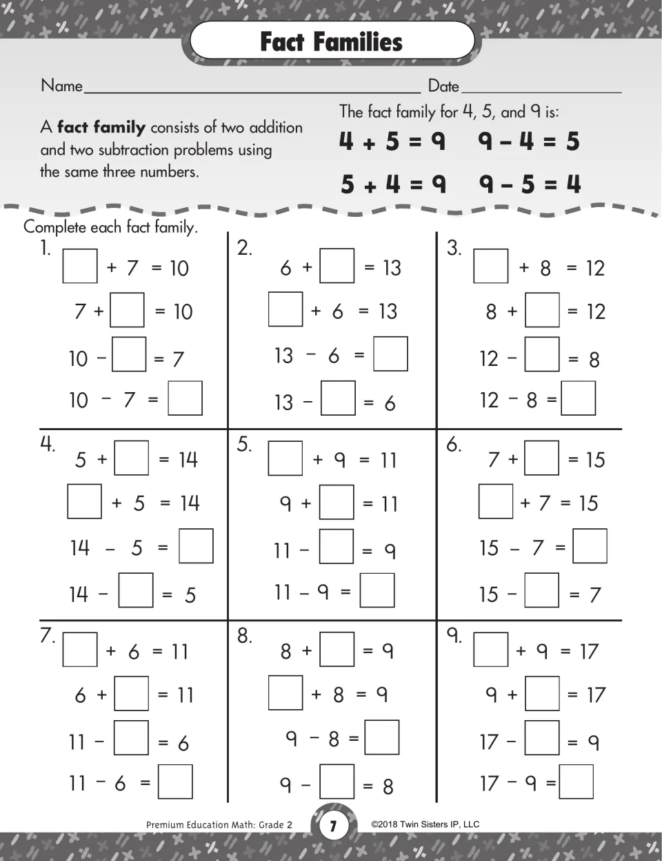 Fact families: students complete nine families of two addition and two subtraction facts, modeled with 4, 5 and 9