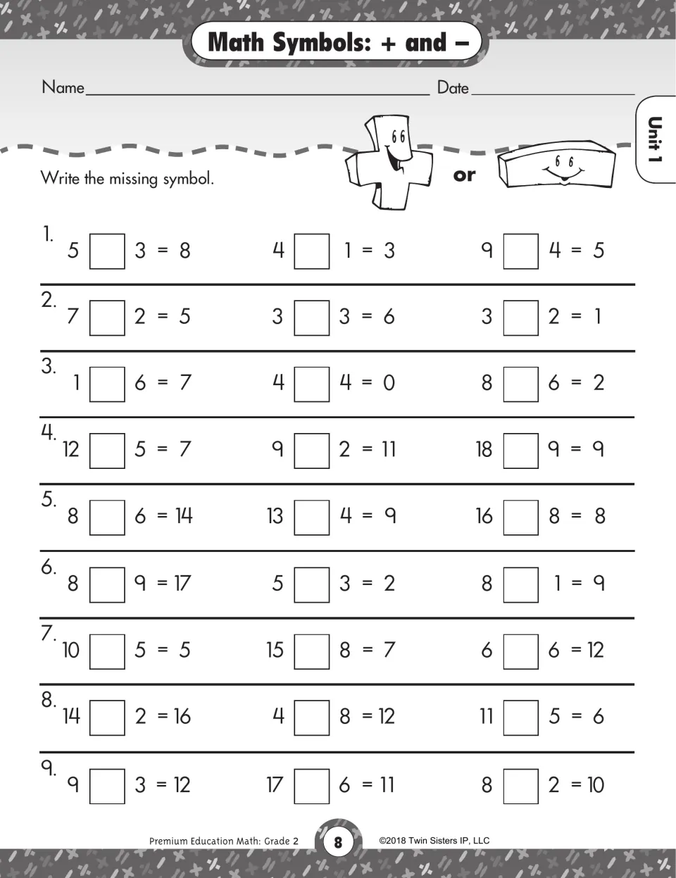 Math symbols + and -: students write the missing plus or minus sign to make each of 27 number sentences true