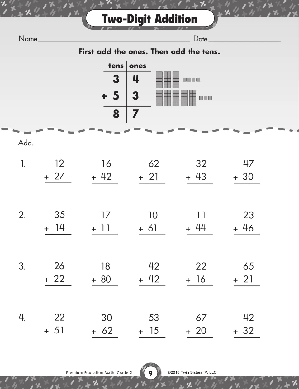 Two-digit addition without regrouping: students add ones then tens in 20 problems, modeled by 34 + 53 = 87 with blocks