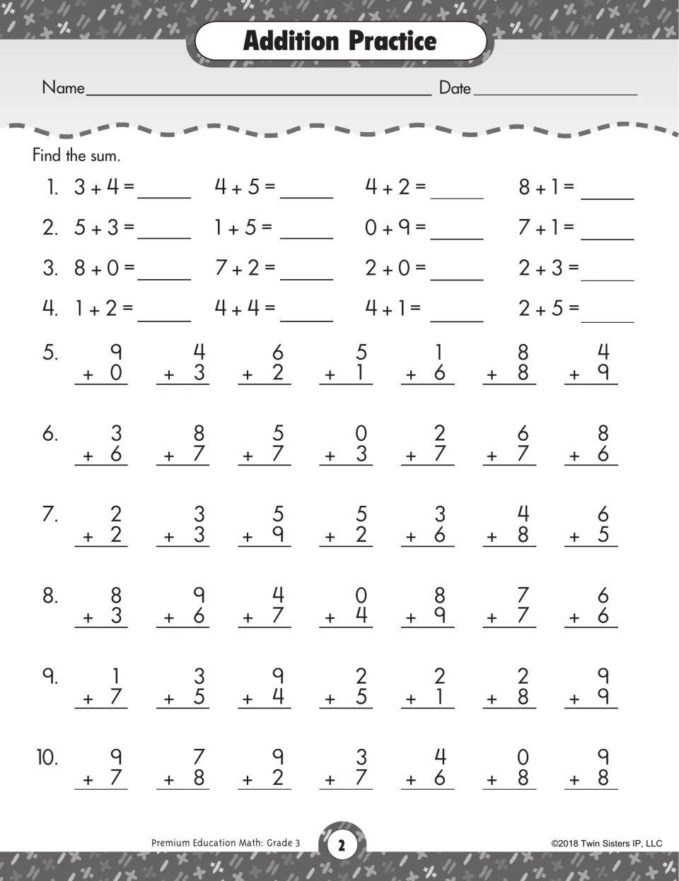Addition Practice worksheet: 58 addition facts, including 3 + 4, 8 + 8, and 9 + 9, to solve for the sum