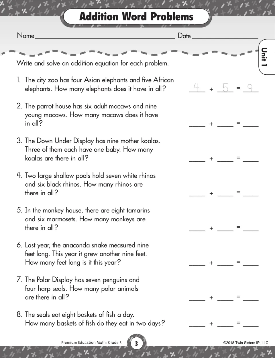 Addition Word Problems worksheet: eight zoo problems about elephants, macaws, koalas, and other animals