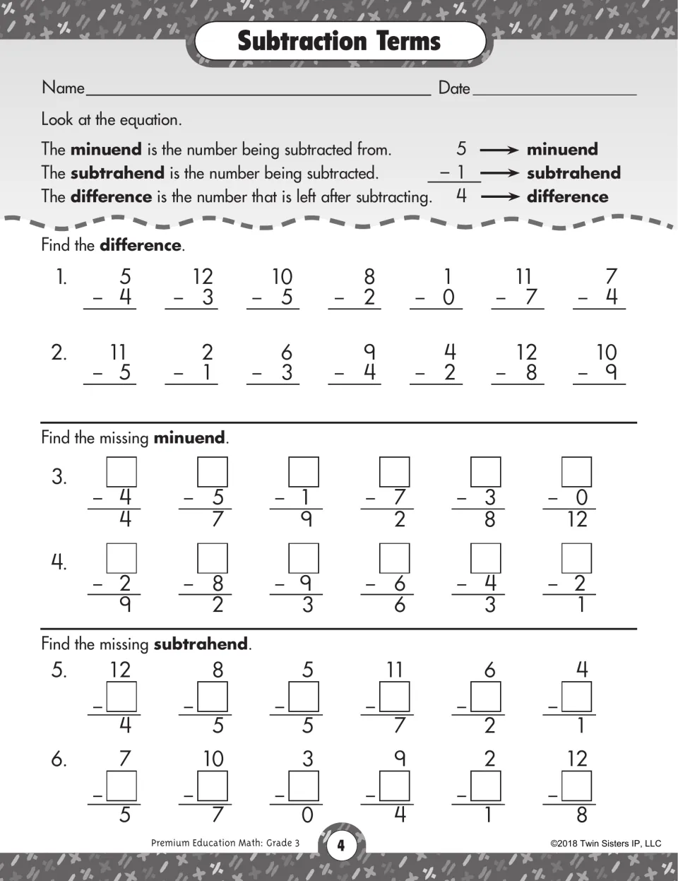 Subtraction Terms worksheet: define minuend, subtrahend, and difference, then find answers and missing numbers