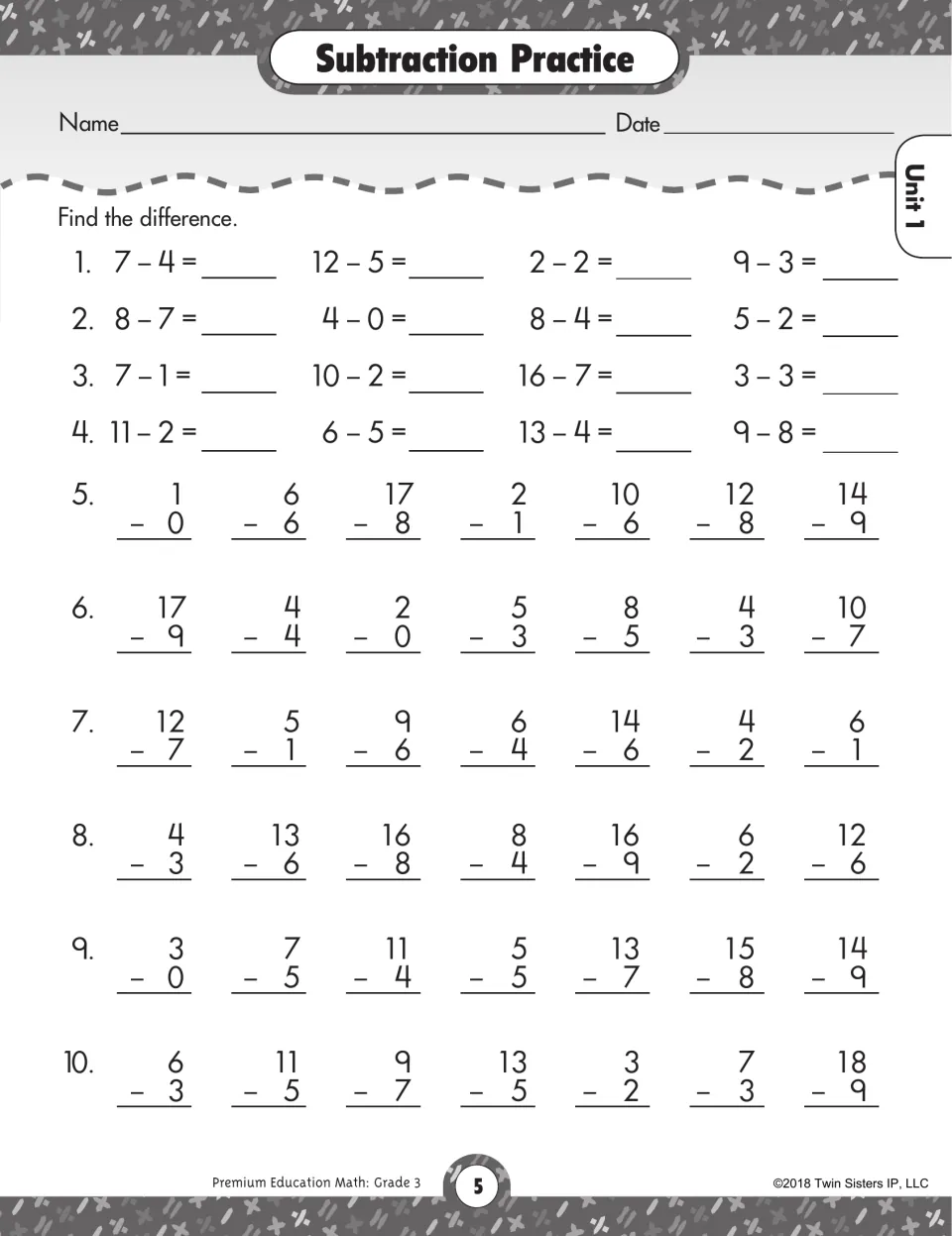 Subtraction Practice worksheet: 58 subtraction facts, including 7 − 4, 16 − 7, and 18 − 9, to solve