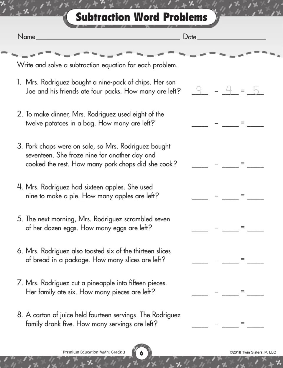 Subtraction Word Problems worksheet: eight food problems about chips, potatoes, pork chops, and more