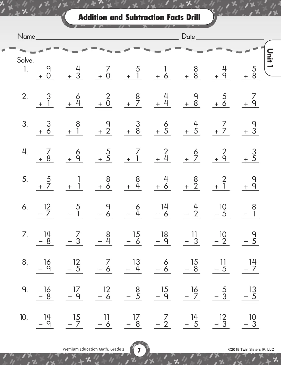 Addition and Subtraction Facts Drill worksheet: solve 40 addition facts and 40 subtraction facts to 18