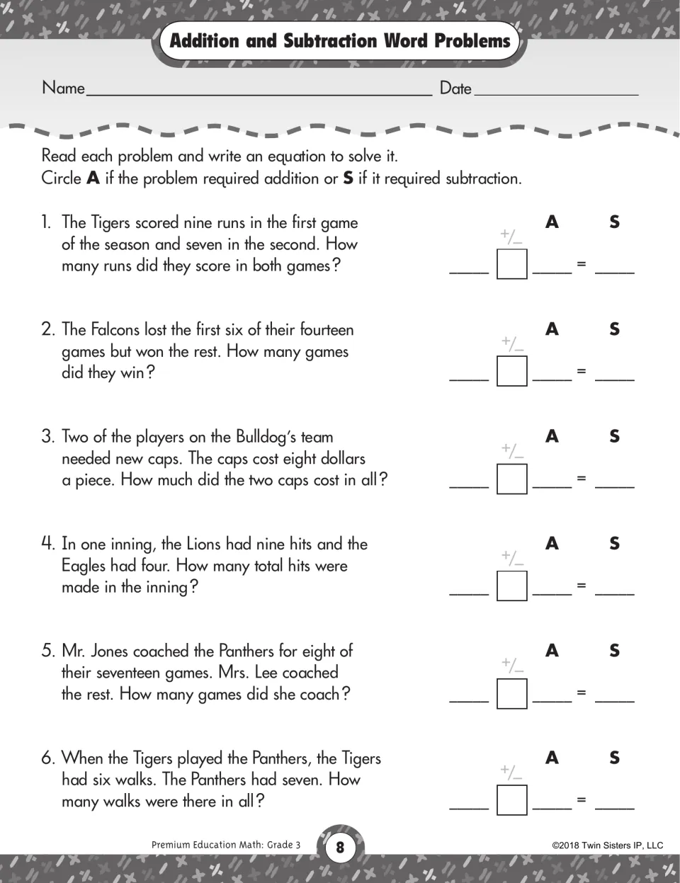 Addition and subtraction word problems worksheet: write equations for six baseball problems and circle A or S