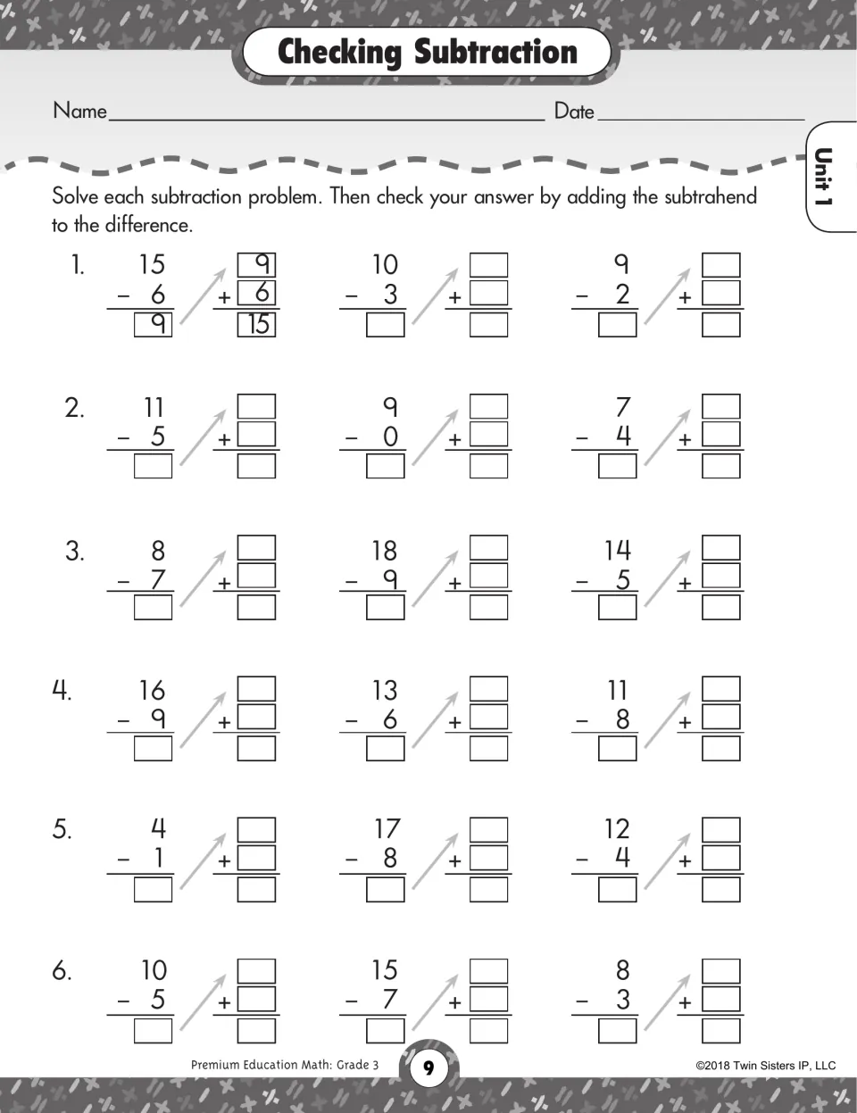 Checking Subtraction worksheet: solve 18 problems and check by addition, with 15 − 6 = 9 as the example